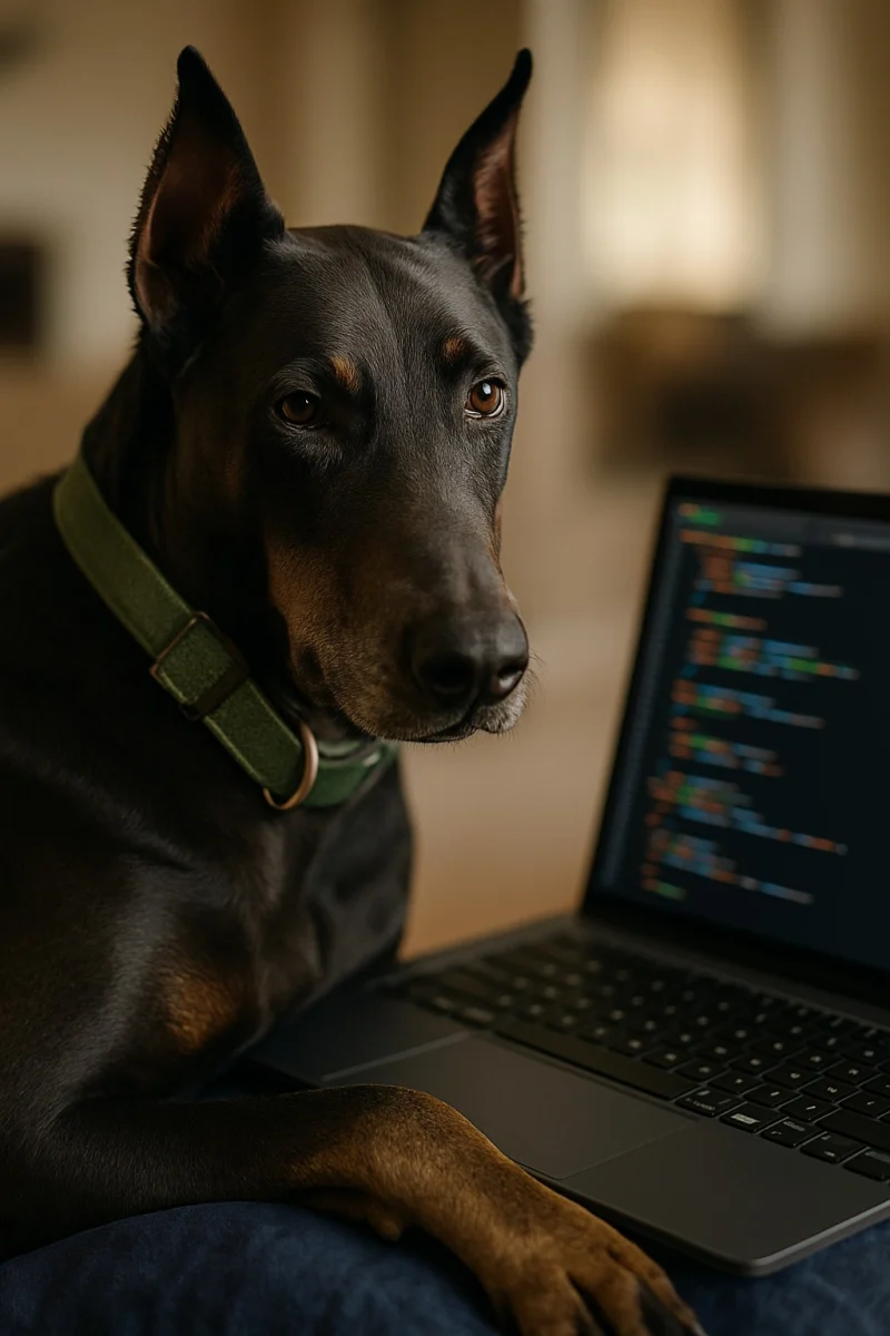 Sabre, a blue Doberman in a green collar, resting beside an open laptop full of code and looking straight at the camera
